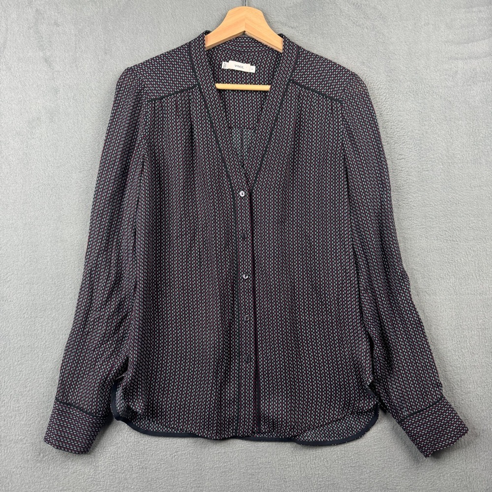 Vince Navy Blue Geometric Print 100% Silk Button Down Blouse Shirt Small